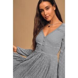 Lulus Poetic Love Dusty Blue Swiss Dot Long Sleeve Pleated Mini Dress - Size XS